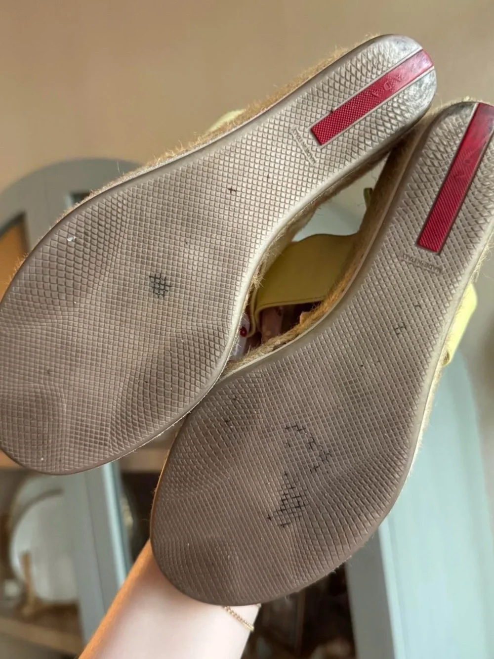 8 / Prada Yellow Patent Wedge Sandals with Crystal Accents